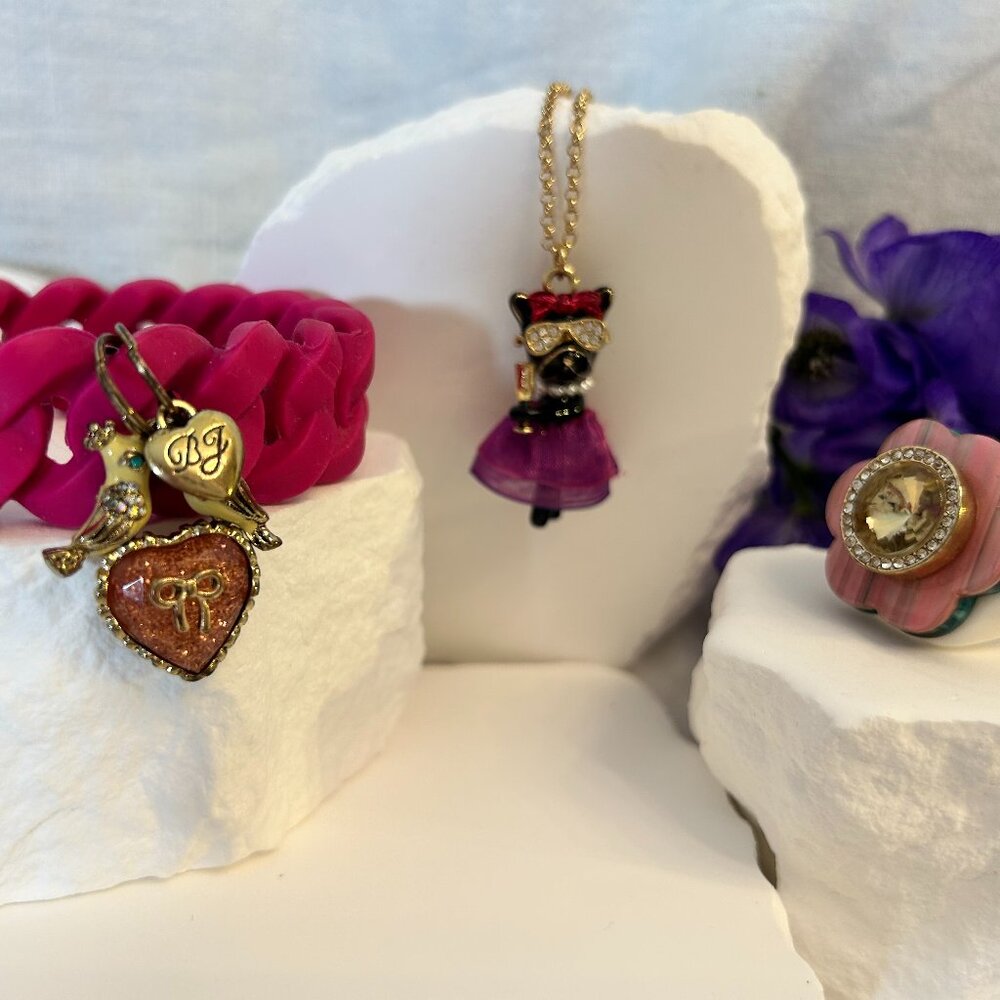 Vintage Betsey Johnson Jewelry Lot: Ring, Charm Bracelet & Necklace